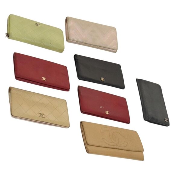 CHANEL Wallet Leather 8Set Black Red Green CC Auth CB051 - Picture 1 of 15